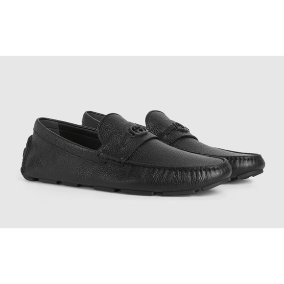 Gucci Interlocking G Logo Slip On Leather Driver Loafer Matte Black Mens Size 10 - Picture 1 of 7